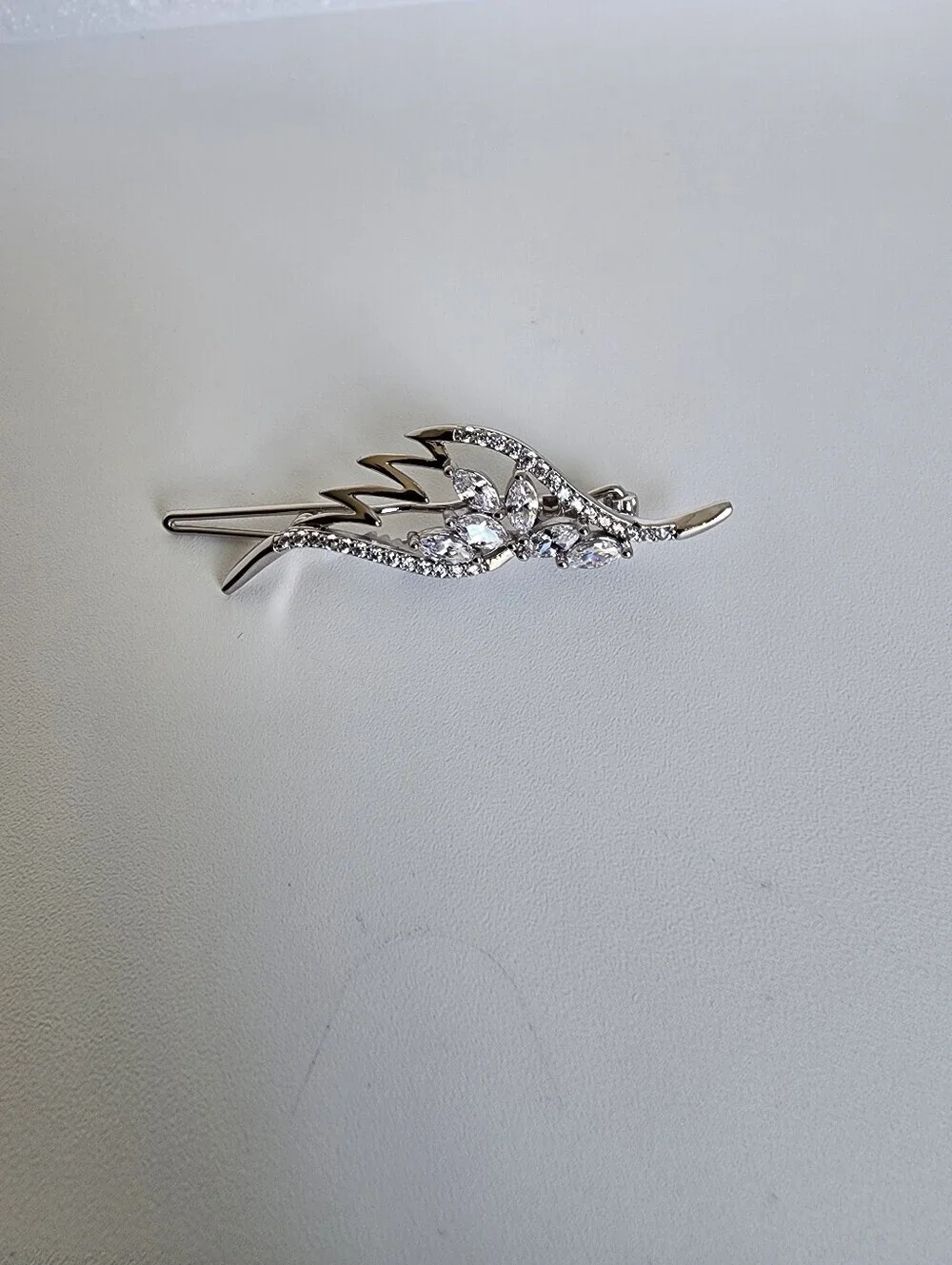 Silver Plated Crystal Leaf Hair Barrette Rhinestone French Hair Clip